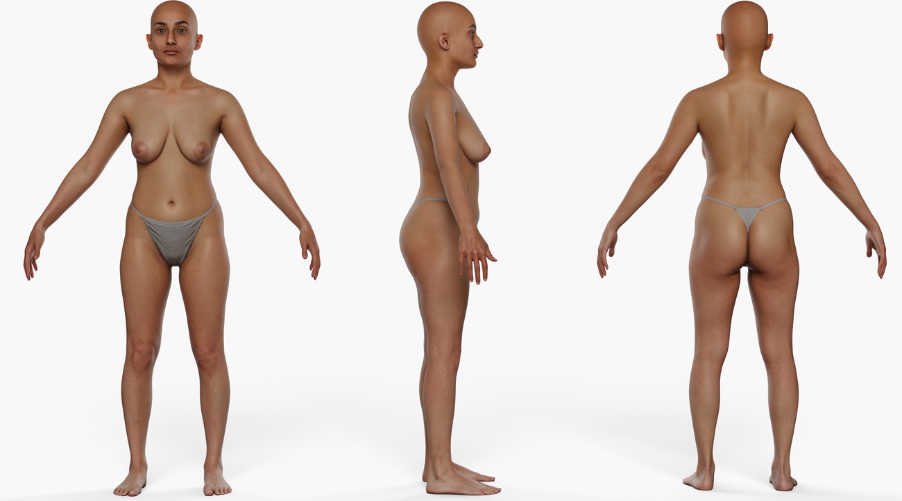 Full body 3D scan of a soft-figured female with smooth skin tone, retopologised quad mesh, dual orthographic views